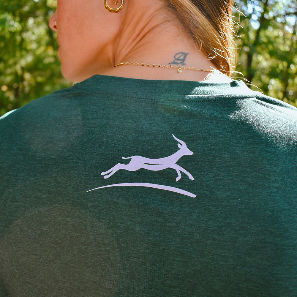 Women's Gazelle Sports Script Performance Tech Crewneck Sweatshirt 2.0 - Pine Grove/Light Gray Woven Square Patch w/ White Gazelle