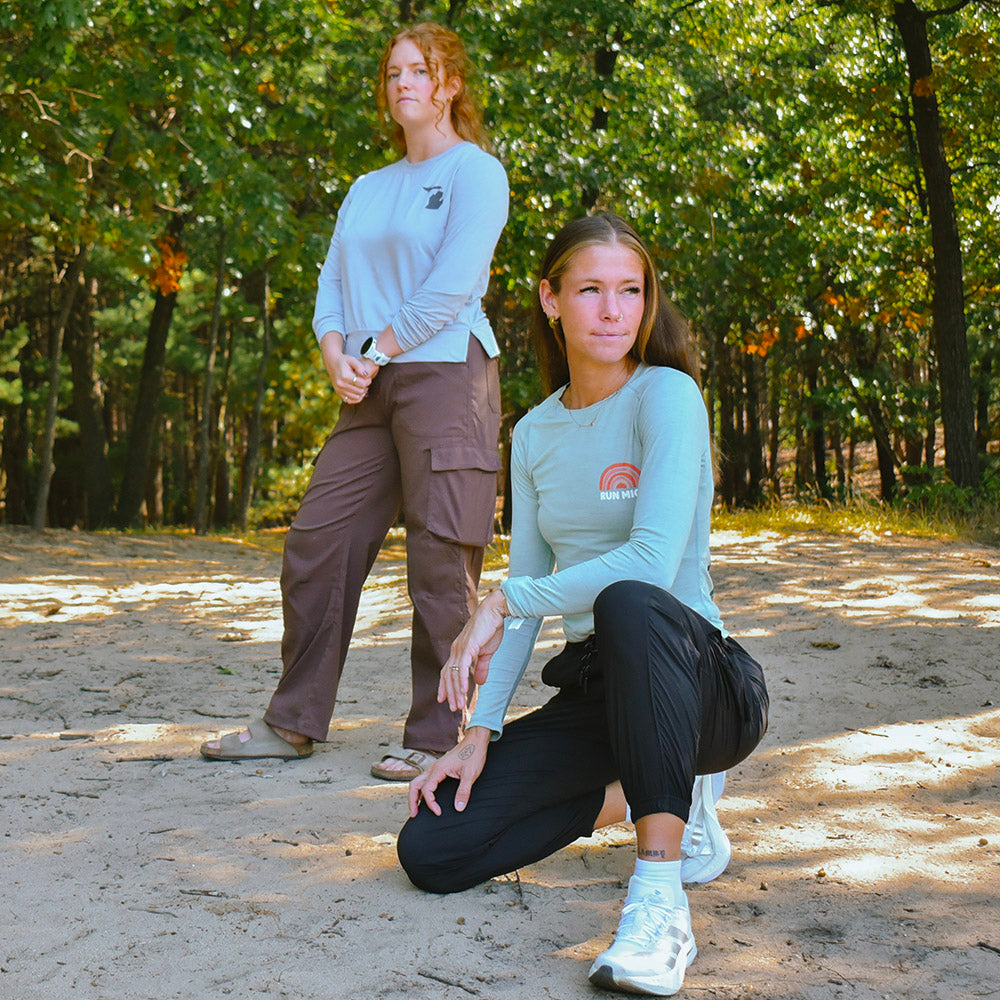Women's RUN MICH Sunset Performance Tech Long Sleeve - Frosty Green/Light Gray Woven Square Patch w/ White Gazelle