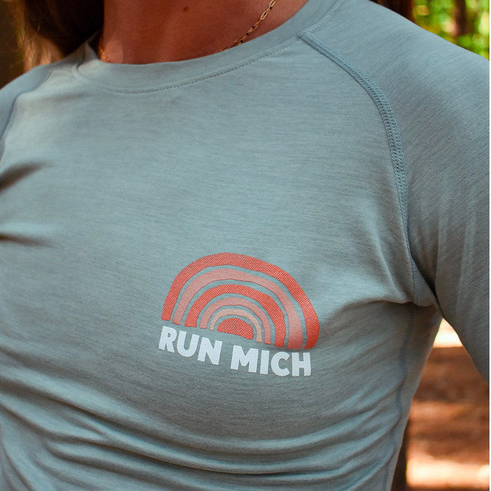 Women's RUN MICH Sunset Performance Tech Long Sleeve - Frosty Green/Light Gray Woven Square Patch w/ White Gazelle