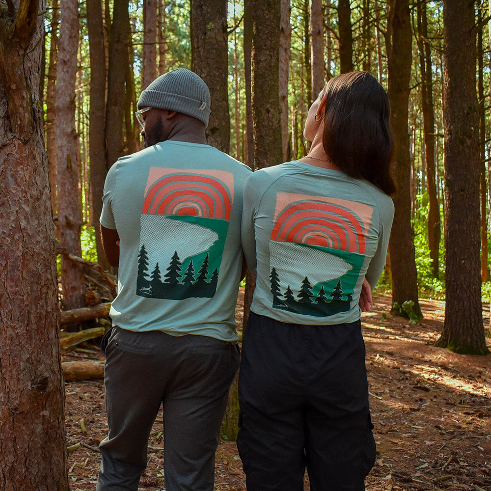 Men's RUN MICH Trees Sunset Performance Tech Short Sleeve - Frosty Green/Light Gray Woven Square Patch w/ White Gazelle
