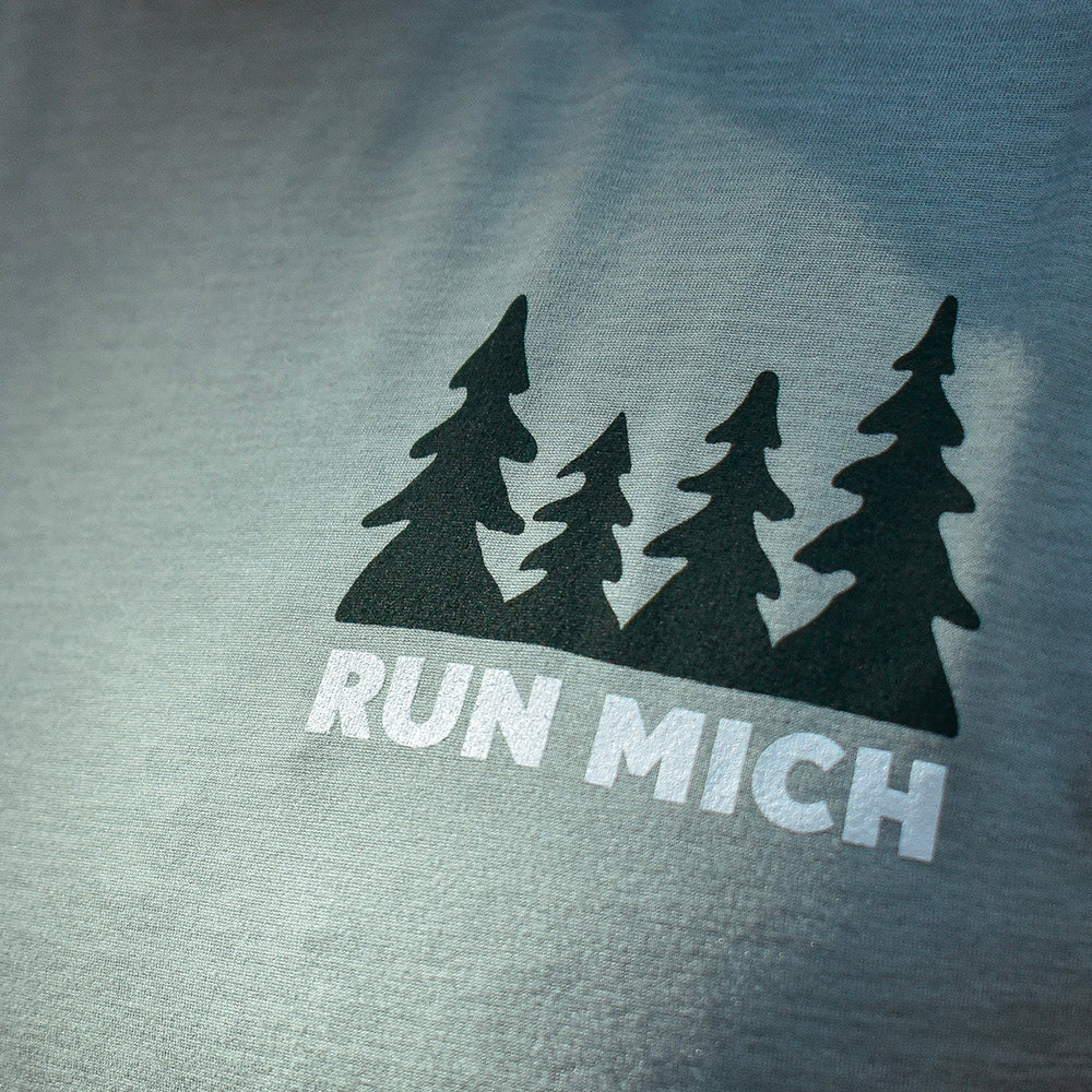 Men's RUN MICH Trees Sunset Performance Tech Short Sleeve - Frosty Green/Light Gray Woven Square Patch w/ White Gazelle
