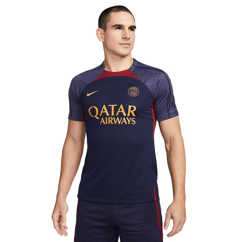 Men's Paris Saint-Germain Strike Nike Dri-FIT Knit Soccer Top- Blackened Blue/Blackened Blue/Team Red/Gold Suede