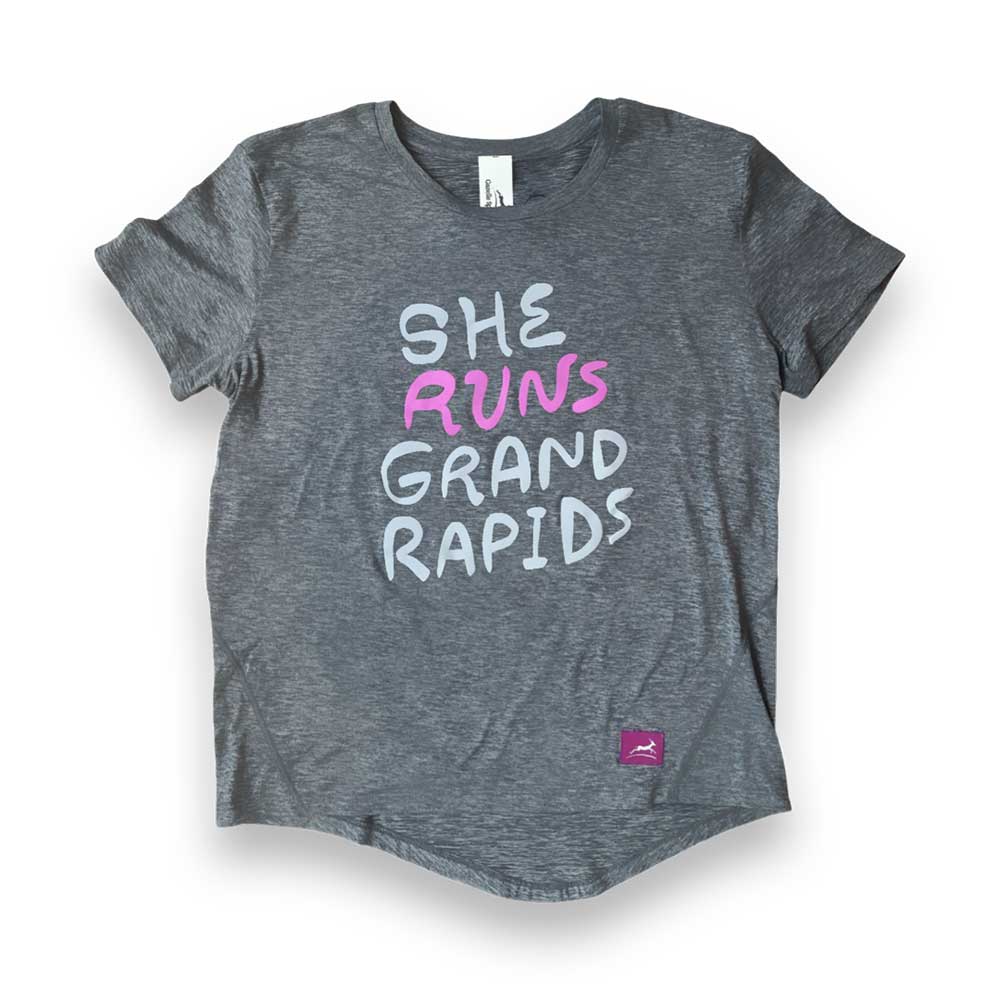 Women's She Runs GR Playful Script Perf Tech SS - Heather Gray/Light Gray/Pink