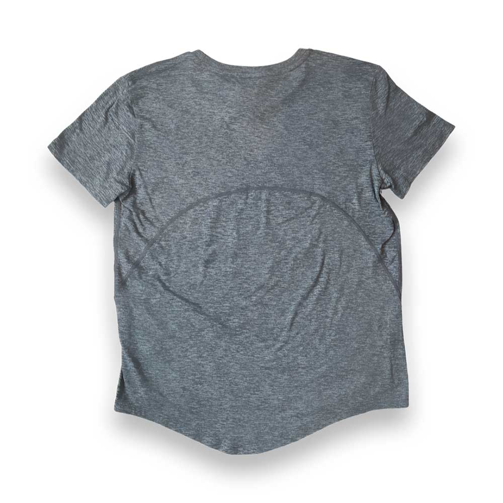 Women's She Runs GR Playful Script Perf Tech SS - Heather Gray/Light Gray/Pink