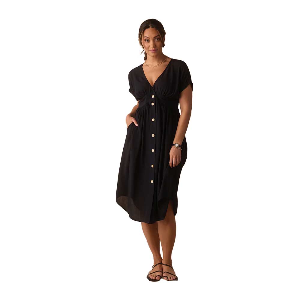 Women's Deep V Button Thru Dress - Black