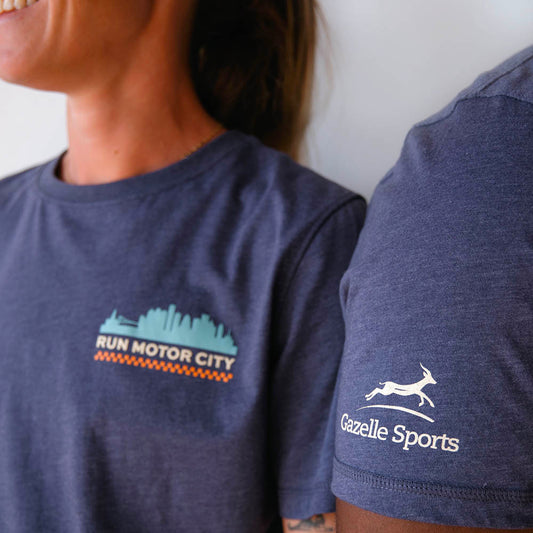 All Gender Run Motor City Poly-Cotton Short Sleeve - Heather Navy/White Foldover Woven Square Patch w/ Light Gray Gazelle