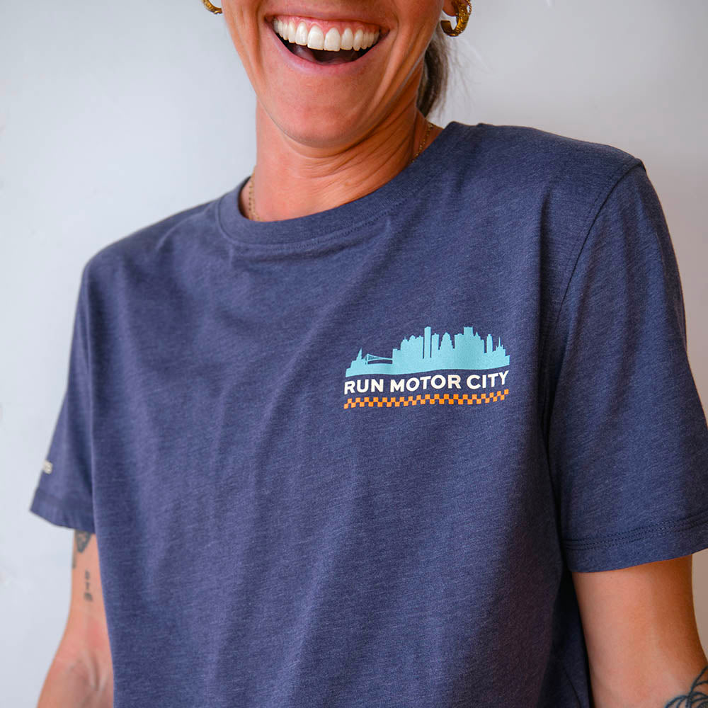 All Gender Run Motor City Poly-Cotton Short Sleeve - Heather Navy/White Foldover Woven Square Patch w/ Light Gray Gazelle