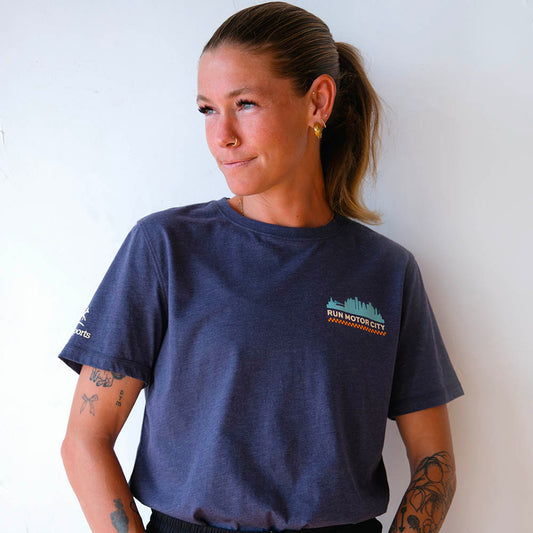 All Gender Run Motor City Poly-Cotton Short Sleeve - Heather Navy/White Foldover Woven Square Patch w/ Light Gray Gazelle