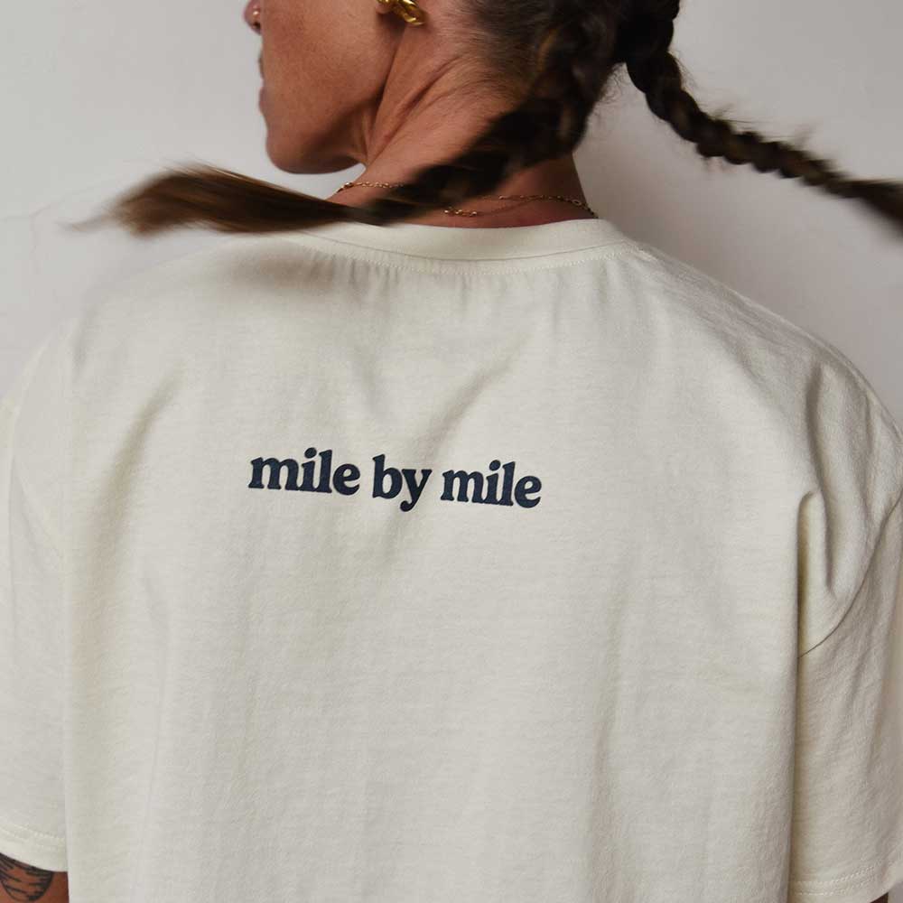 Women's Mile by Mile Runner Heavyweight Boxy Short Sleeve - Natural/White Woven Square Patch w/ Light Gray Gazelle