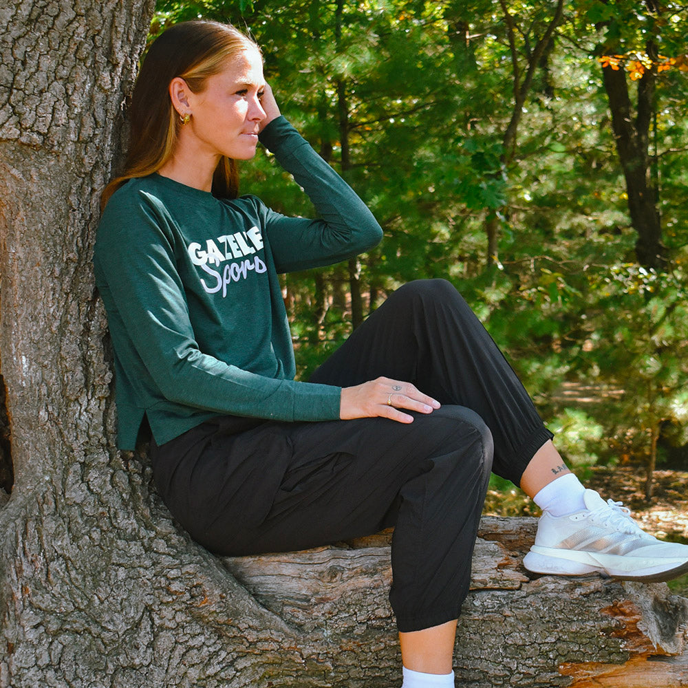 Women's Gazelle Sports Script Performance Tech Crewneck Sweatshirt 2.0 - Pine Grove/Light Gray Woven Square Patch w/ White Gazelle