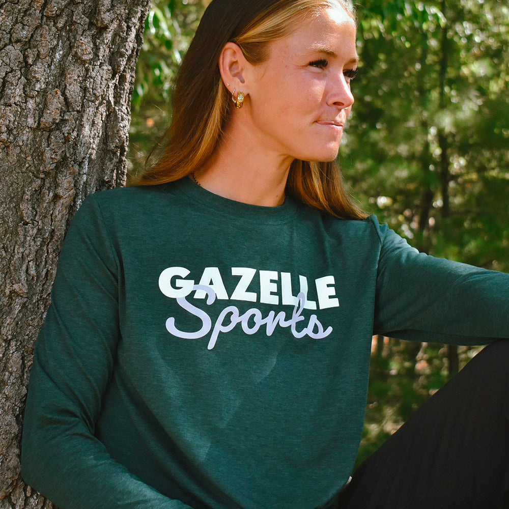 Women's Gazelle Sports Script Performance Tech Crewneck Sweatshirt 2.0 - Pine Grove/Light Gray Woven Square Patch w/ White Gazelle