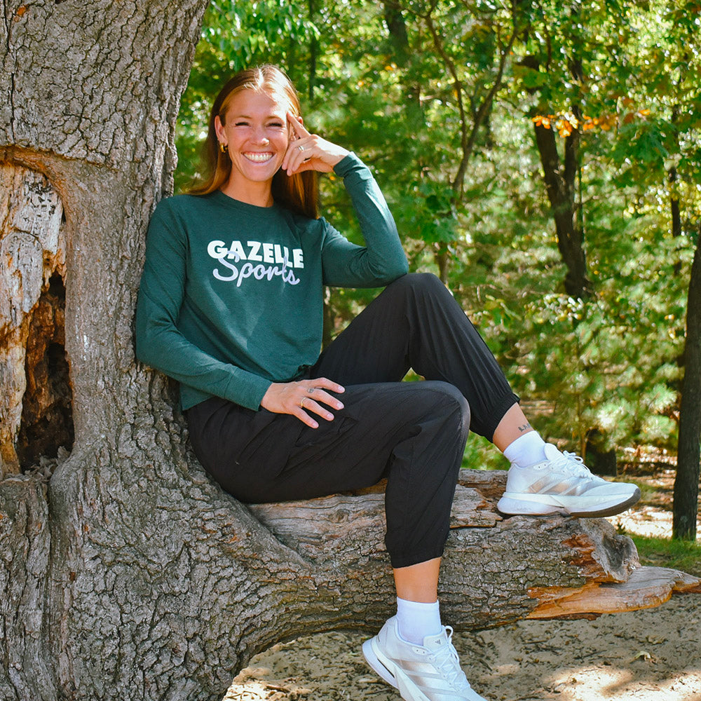 Women's Gazelle Sports Script Performance Tech Crewneck Sweatshirt 2.0 - Pine Grove/Light Gray Woven Square Patch w/ White Gazelle