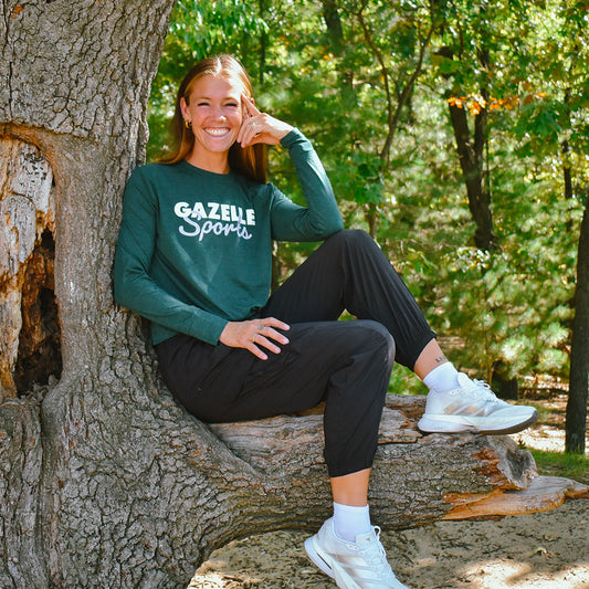 Women's Gazelle Sports Script Performance Tech Crewneck Sweatshirt 2.0 - Pine Grove/Light Gray Woven Square Patch w/ White Gazelle