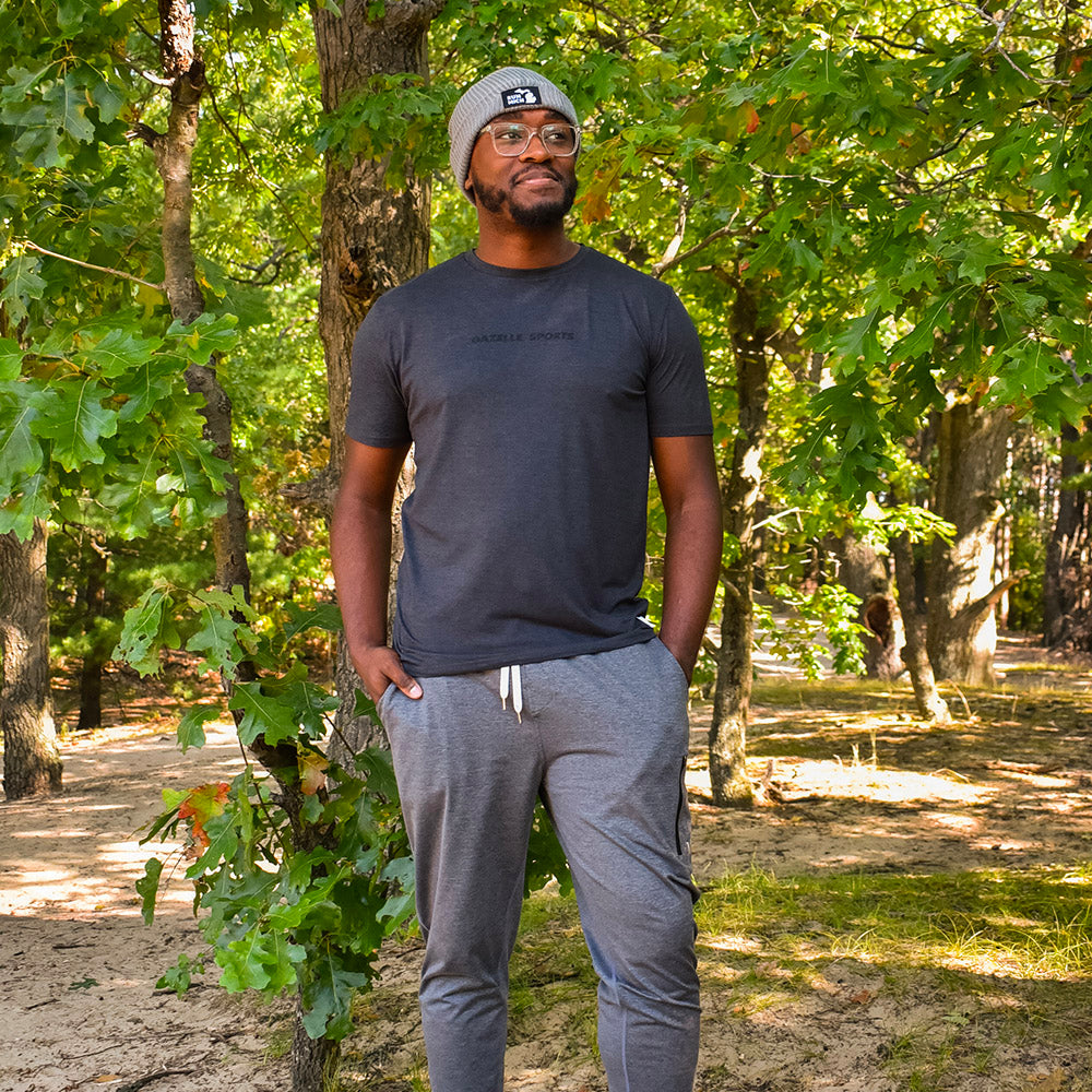 Men's GAZELLE SPORTS We Believe Performance Tech Short Sleeve - Black/White Woven Square Patch w/ Light Gray Gazelle