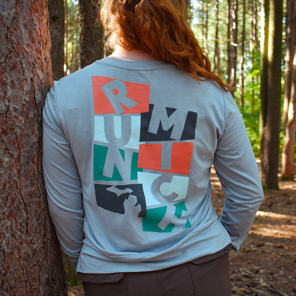 Women's RUN MICH Stacked Performance Tech Crewneck Sweatshirt 2.0 - Silver Cloud/White Woven Square Patch w/ Light Gray Gazelle