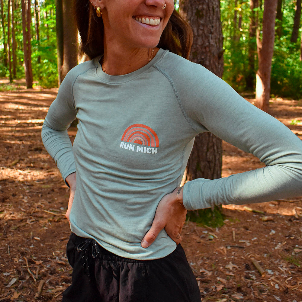 Women's RUN MICH Sunset Performance Tech Long Sleeve - Frosty Green/Light Gray Woven Square Patch w/ White Gazelle