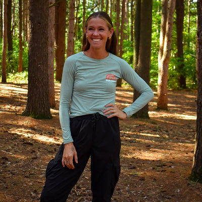 Women's RUN MICH Sunset Performance Tech Long Sleeve - Frosty Green/Light Gray Woven Square Patch w/ White Gazelle