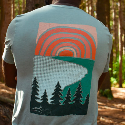 Men's RUN MICH Trees Sunset Performance Tech Short Sleeve - Frosty Green/Light Gray Woven Square Patch w/ White Gazelle