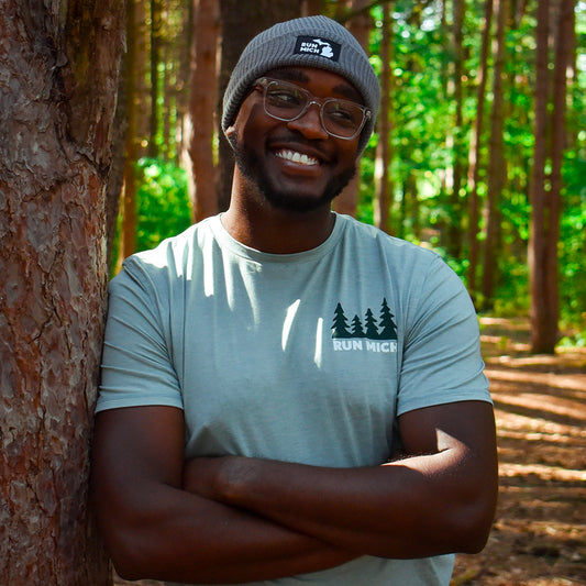 Men's RUN MICH Trees Sunset Performance Tech Short Sleeve - Frosty Green/Light Gray Woven Square Patch w/ White Gazelle