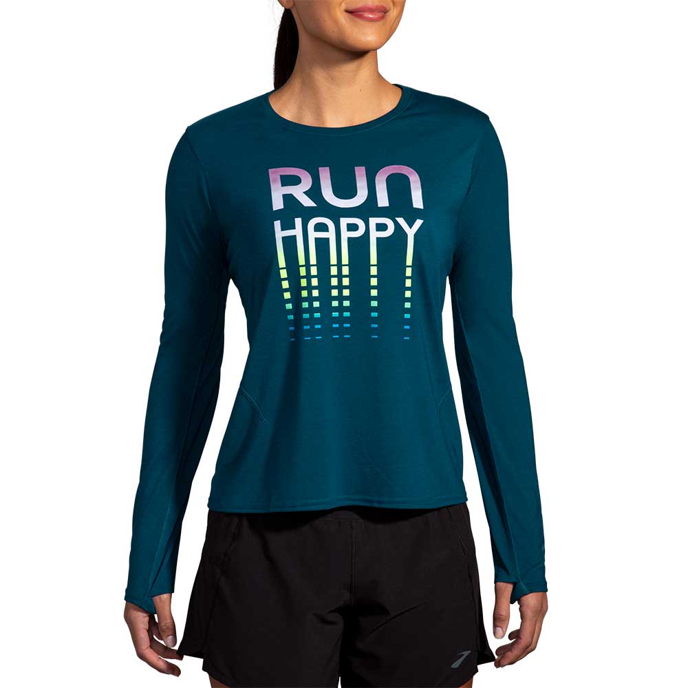 Women's Distance Long Sleeve Top - Heather Ocean/Run Happy