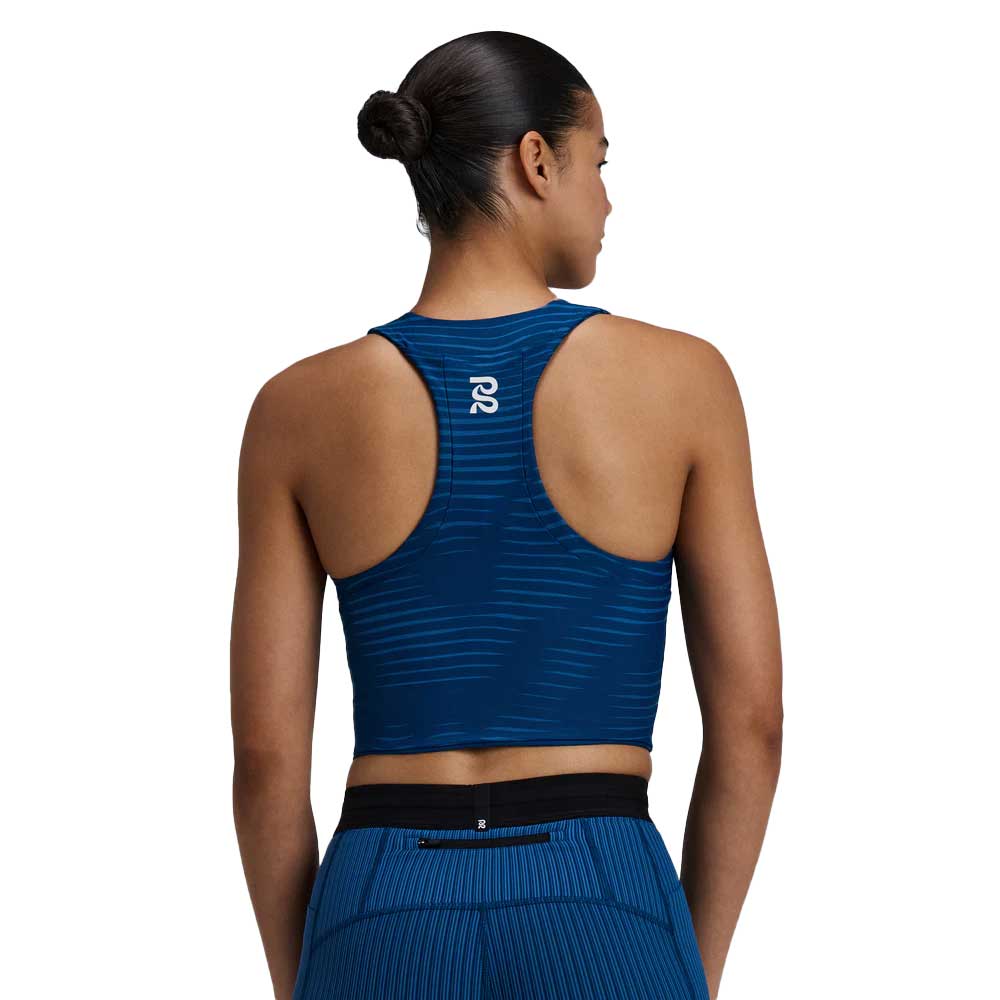 Women's Stamina Crewneck Race Crop w/Contrast Merrow Stitching - Ink Blue/Aegean Wave Print