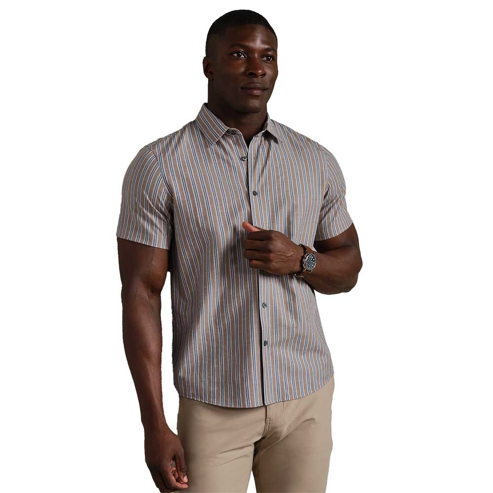 Men's Brezza Linen-Blend Short Sleeve Shirt - Teak Brown Vintage Stripe