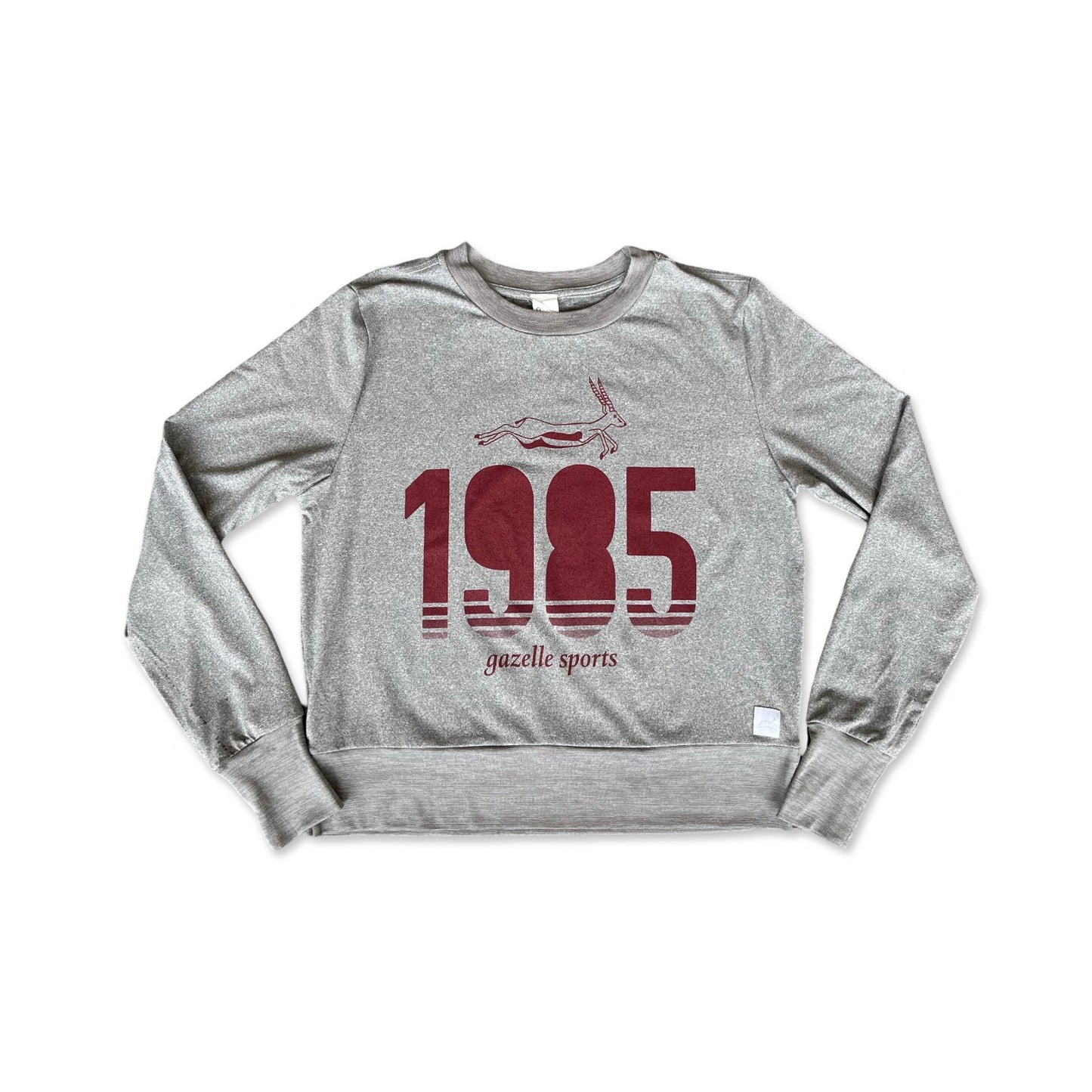 Women's Vintage 1985 Performance Tech Crewneck Sweatshirt - Heather Classic Gray/White Woven Square Patch w/ Light Grey Gazelle