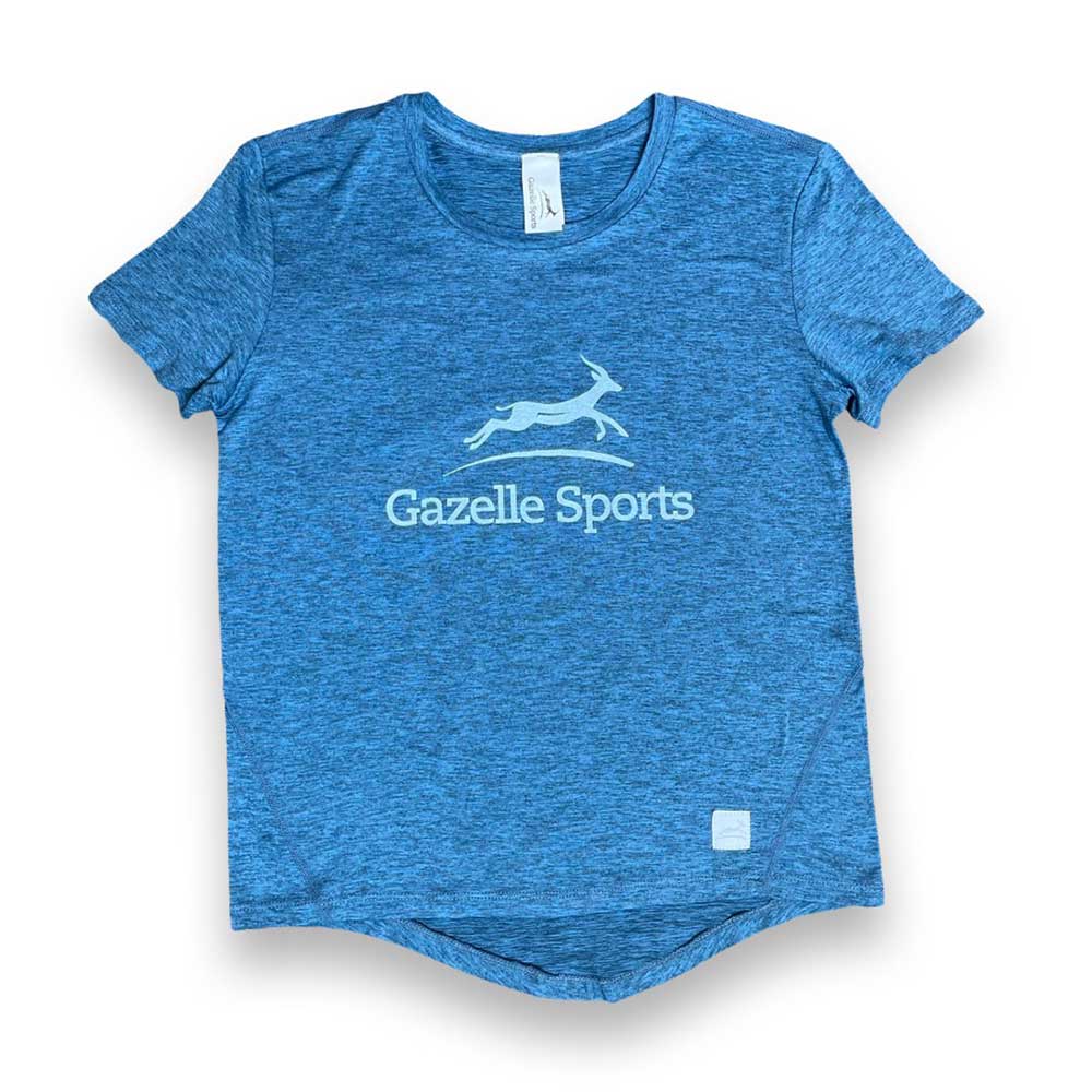 Women's Gazelle Sports Logo Perf Tech Short Sleeve - Heather Steel Blue/White/Light Gray Woven Gazelle Patch