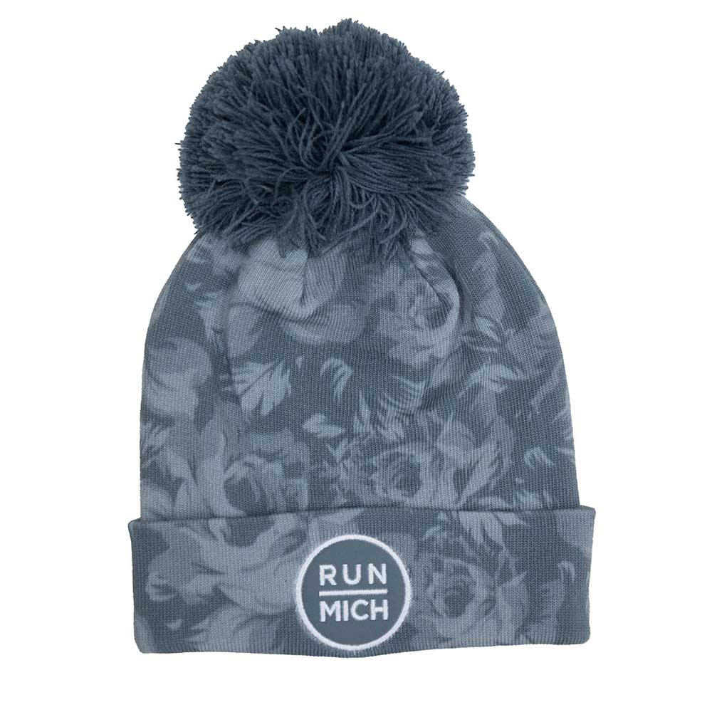 RUN MICH Printed Pom Cuffed Beanie - Grey Floral