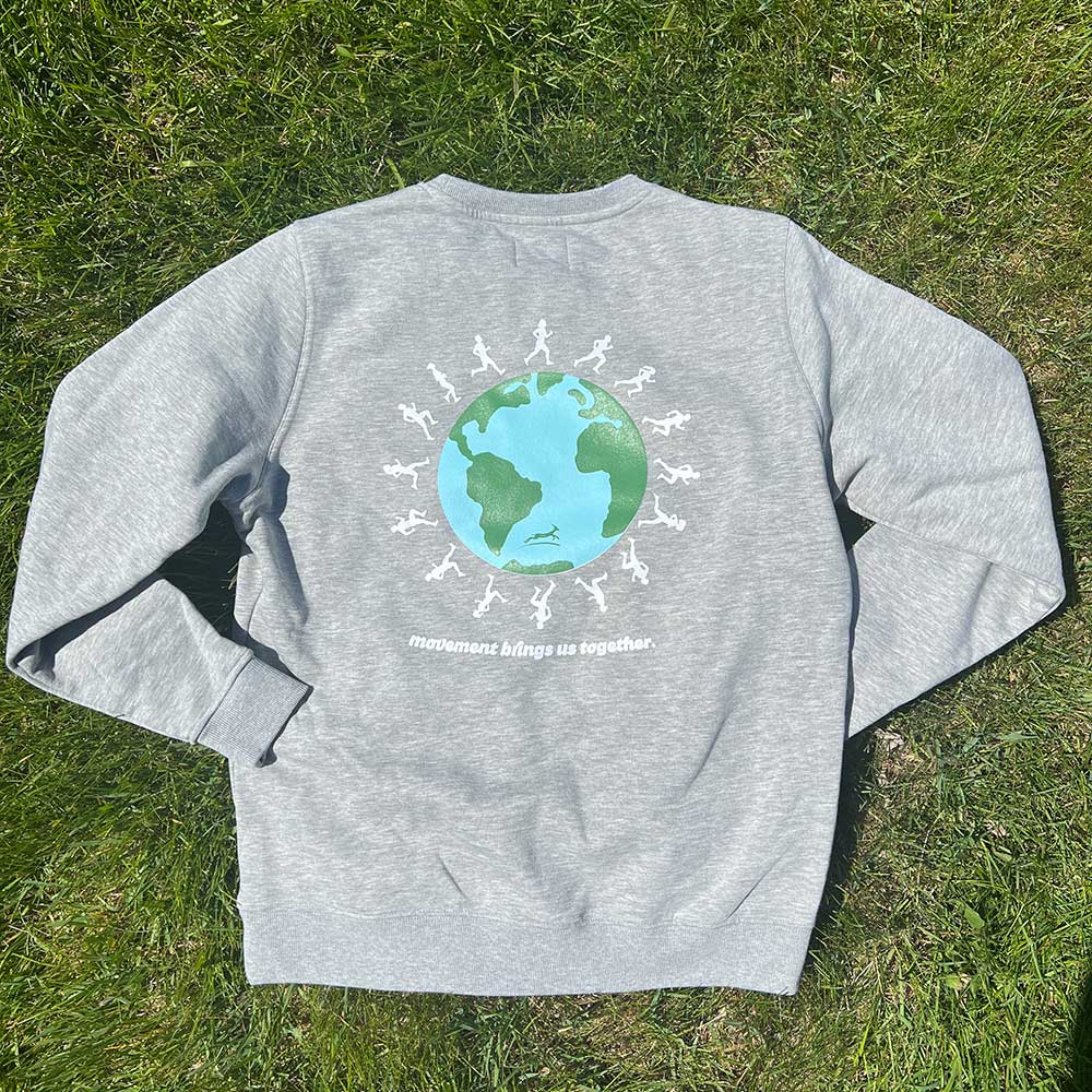 Global Running Day Poly-Cotton Crew - Heather Gray/White Woven Square Patch w/ Light Gray Gazelle