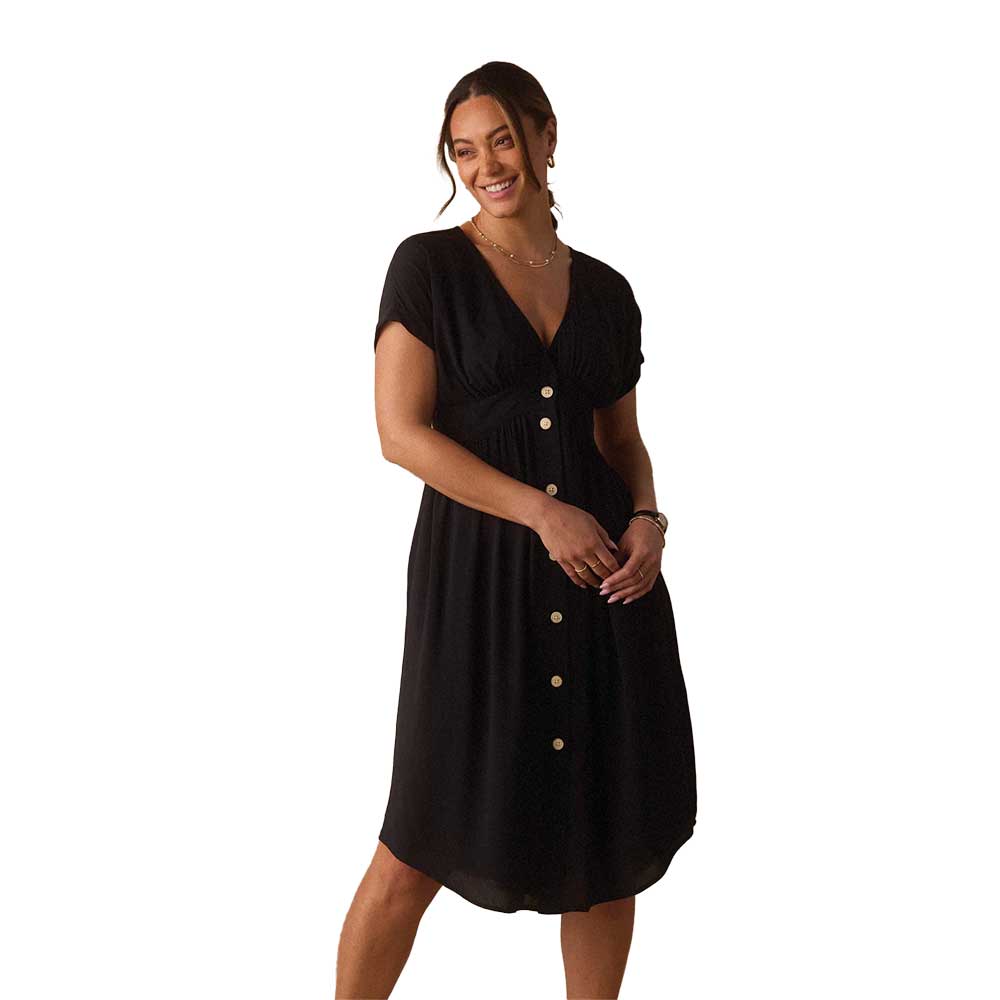 Women's Deep V Button Thru Dress - Black