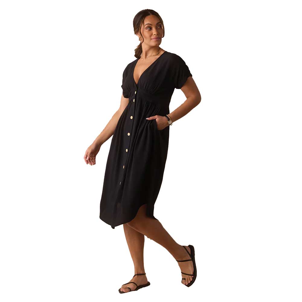Women's Deep V Button Thru Dress - Black