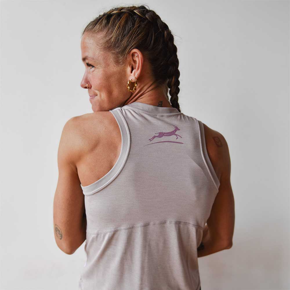 Women's Floral Mile by Mile Performance Tech High Neck Tank - Hushed Violet/White Woven Square Patch w/ Light Gray Gazelle