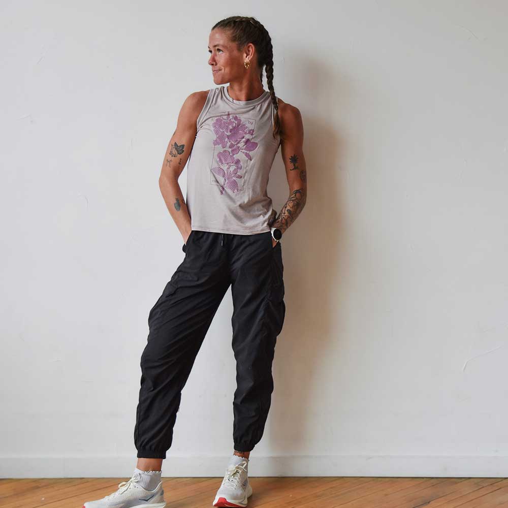 Women's Floral Mile by Mile Performance Tech High Neck Tank - Hushed Violet/White Woven Square Patch w/ Light Gray Gazelle