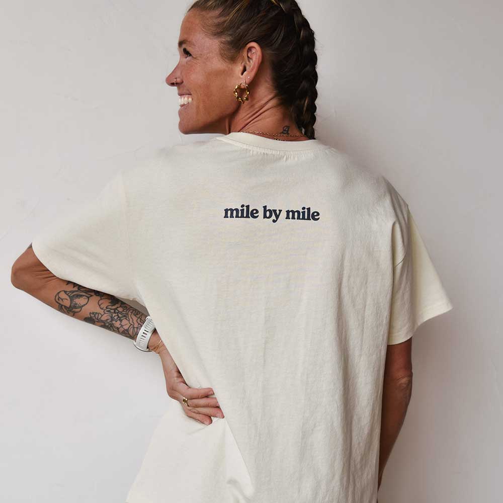 Women's Mile by Mile Runner Heavyweight Boxy Short Sleeve - Natural/White Woven Square Patch w/ Light Gray Gazelle