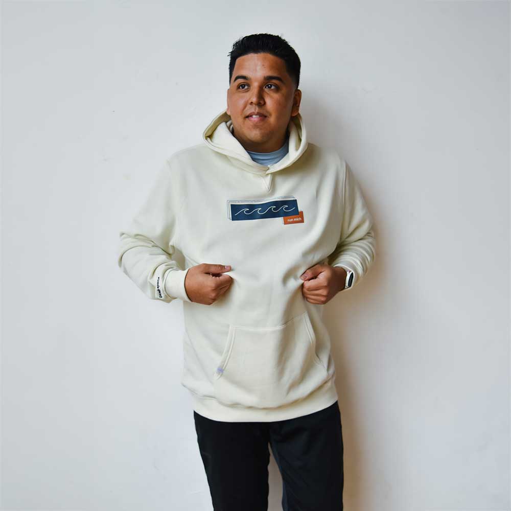 Run Mich Wave Box Poly-Cotton Hoodie - Natural/White Foldover Woven Square Patch w/ Light Gray Gazelle
