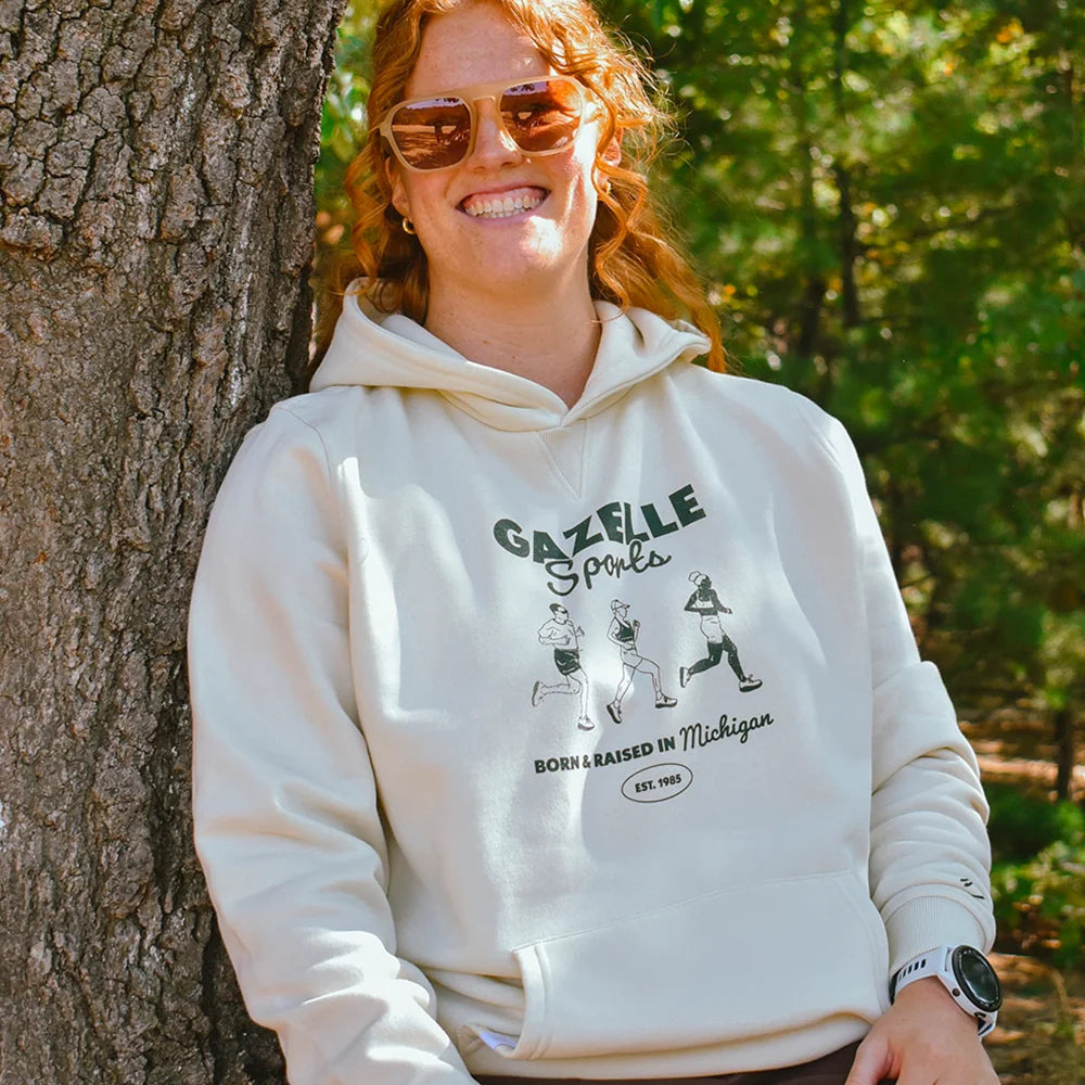 Gazelle Sports Retro Runners Poly-Cotton Hoodie - Natural/White Foldover Woven Square Patch w/ Light Gray Gazelle