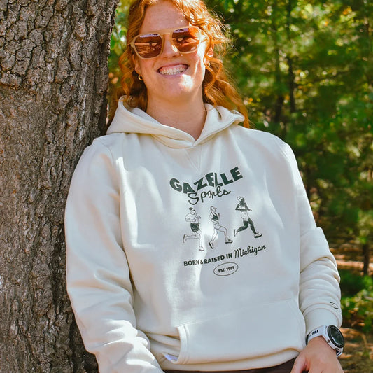Gazelle Sports Retro Runners Poly-Cotton Hoodie - Natural/White Foldover Woven Square Patch w/ Light Gray Gazelle