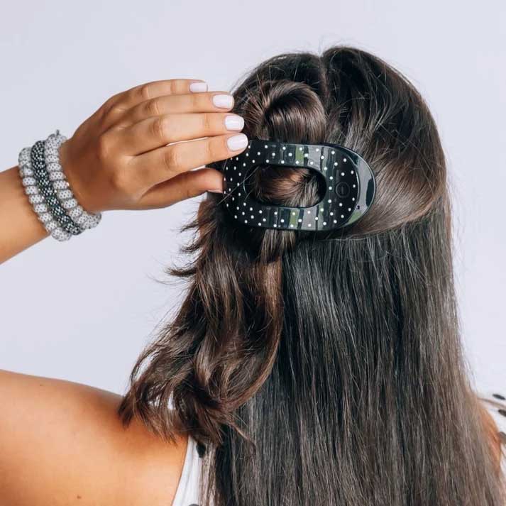 Flat Round Hair Clip Medium - Black Polka Dot Party