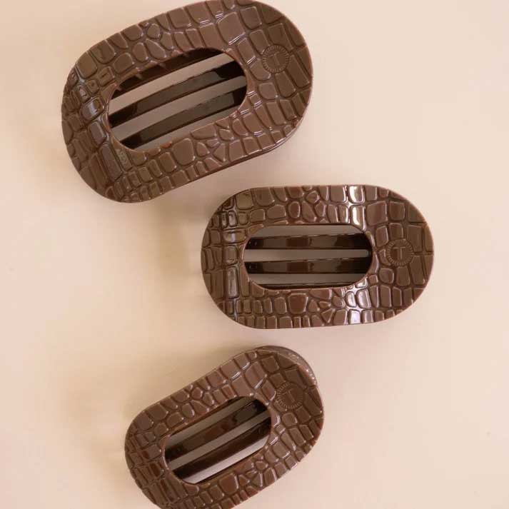 Flat Round Hair Clip Medium - Brown Crocodile