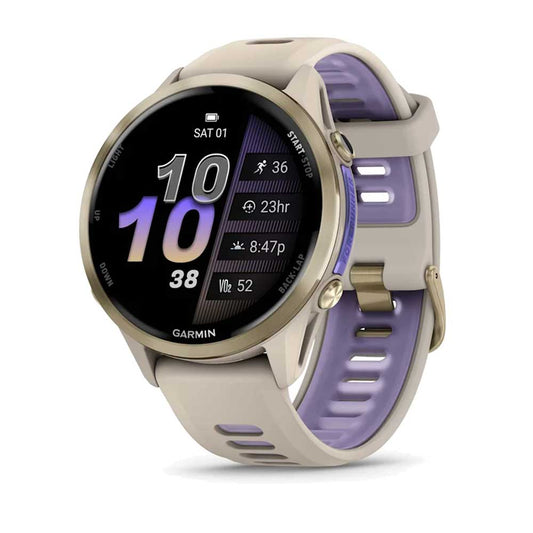 Forerunner 970 - Soft Gold Titanium with French Gray Case and French Gray/Translucent Indigo Band