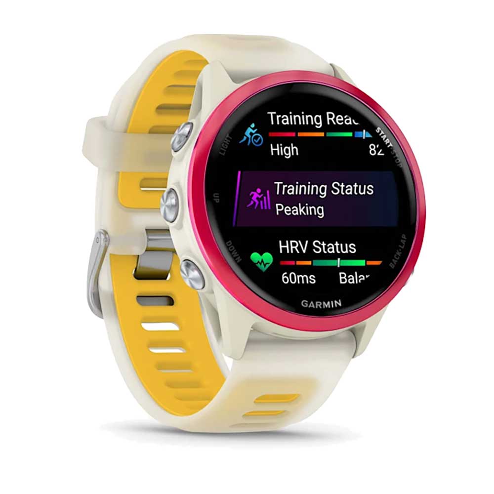 Forerunner 570 - 42mm, Raspberry Aluminum with Translucent Bone/Mango Band