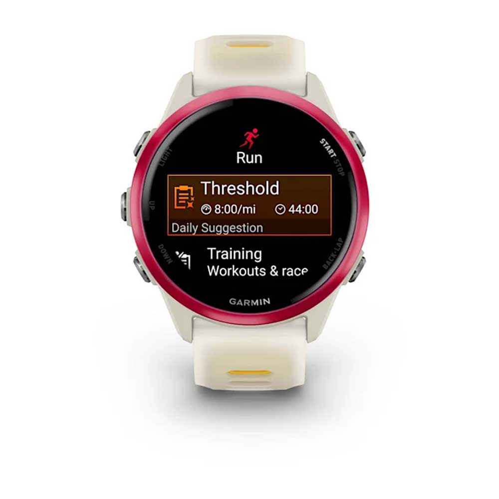 Forerunner 570 - 42mm, Raspberry Aluminum with Translucent Bone/Mango Band