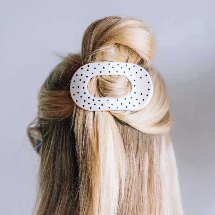 Flat Round Hair Clip Medium - White Polka Dot Party