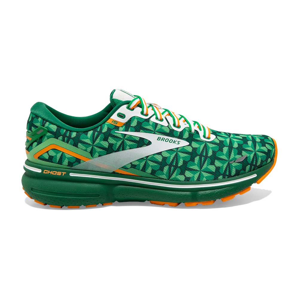 Men's Ghost 15 Run Lucky Running Shoe- Green/White/Orange- Regular (D)