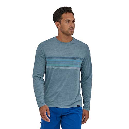 Men's Long-Sleeved Capilene Cool Daily Graphic Shirt - Line Logo Ridge Stripe: Light Plume Grey X-Dye